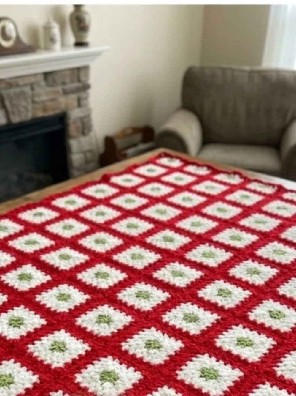 Handmade Christmas Red White & Green Crochet Granny Square Throw Blanket